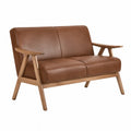 Sofa dwuosobowa z drewnem dębowym i brązową skórą 120 cm