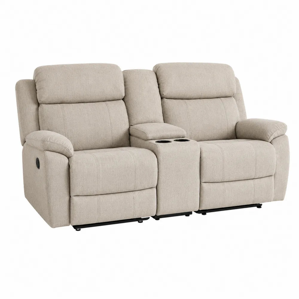 Dwuosobowa sofa rozkładana z tkaniny poliestrowej beżowa z uchwytami na napoje