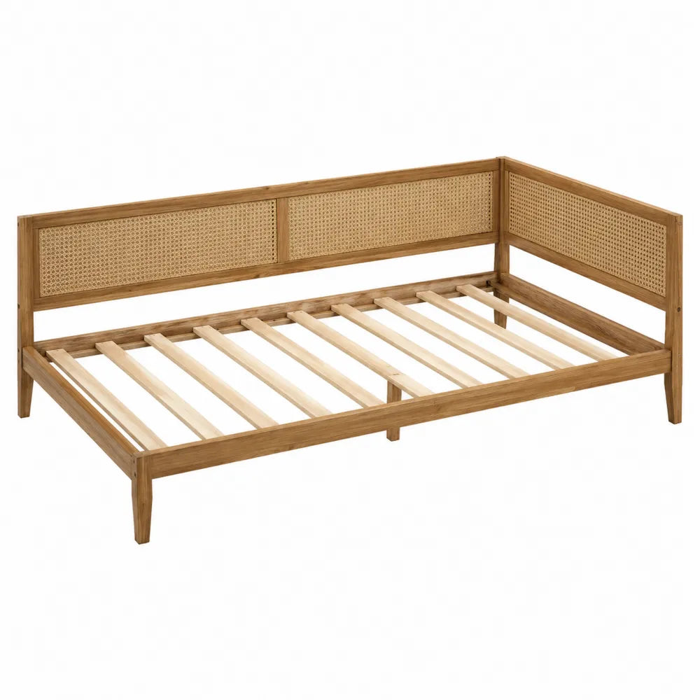 Łóżko dzienne drewniane z rattanu 200x90 cm brązowe