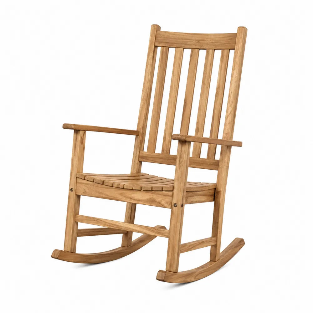 Drewniane krzesło bujane teak, kolor naturalny